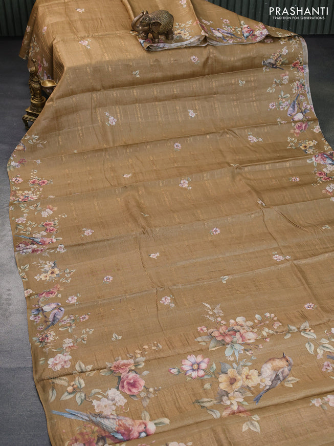 Pure tussar silk saree dark beige with allover zari weaves & floral digital prints and floral digital printed border