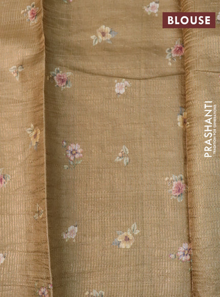 Pure tussar silk saree dark beige with allover zari weaves & floral digital prints and floral digital printed border