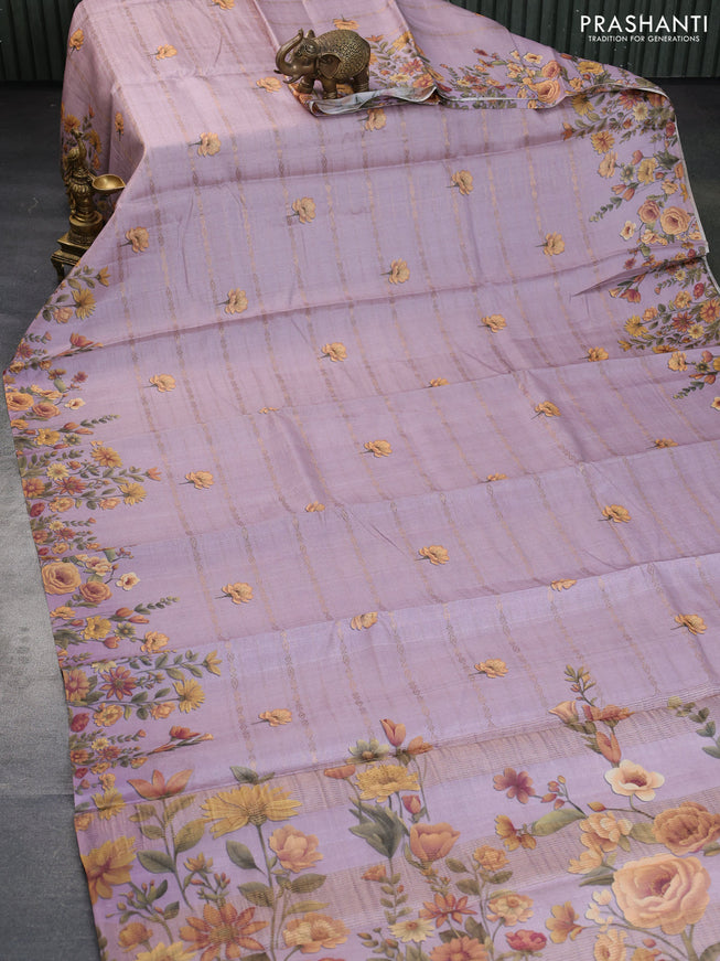 Pure tussar silk saree pastel lavender with allover zari weaves & floral digital butta prints and floral digital printed border