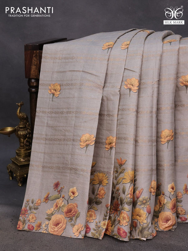 Pure tussar silk saree grey with allover zari weaves & floral digital butta prints and floral digital printed border