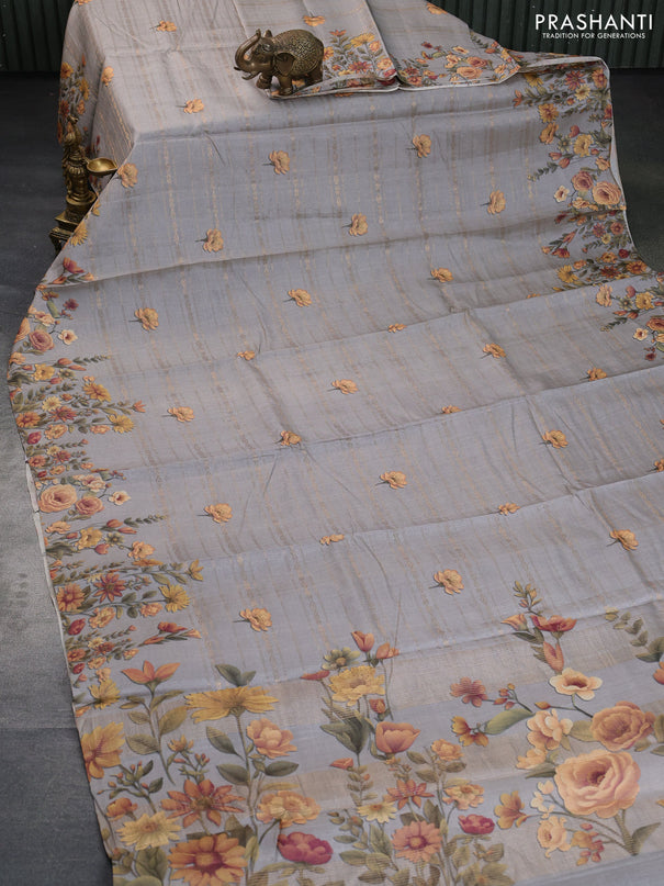 Pure tussar silk saree grey with allover zari weaves & floral digital butta prints and floral digital printed border