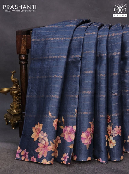 Pure tussar silk saree dark grey with allover zari weaves and floral digital printed border