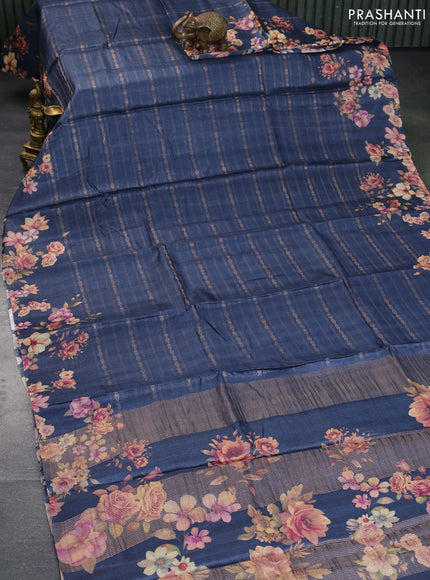 Pure tussar silk saree dark grey with allover zari weaves and floral digital printed border