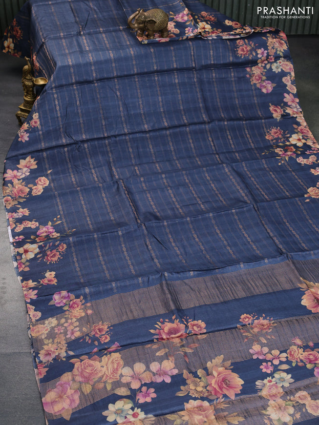 Pure tussar silk saree dark grey with allover zari weaves and floral digital printed border