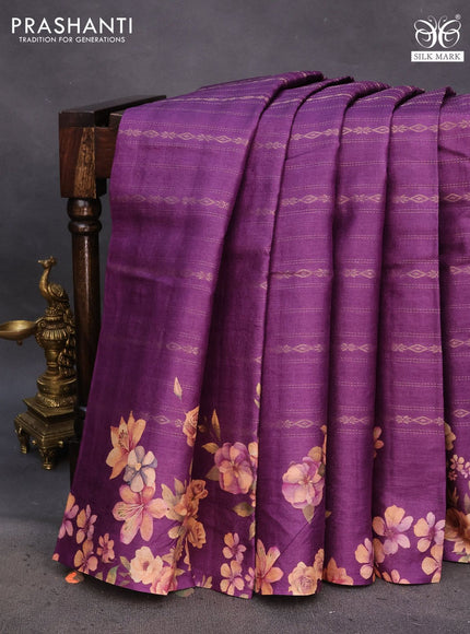 Pure tussar silk saree purple with allover zari weaves and floral digital printed border