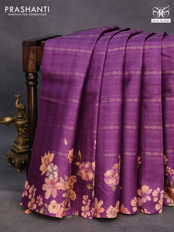 Pure tussar silk saree purple with allover zari weaves and floral digital printed border