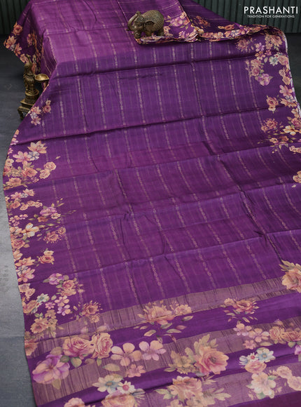 Pure tussar silk saree purple with allover zari weaves and floral digital printed border