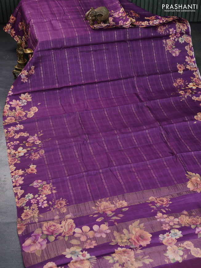 Pure tussar silk saree purple with allover zari weaves and floral digital printed border