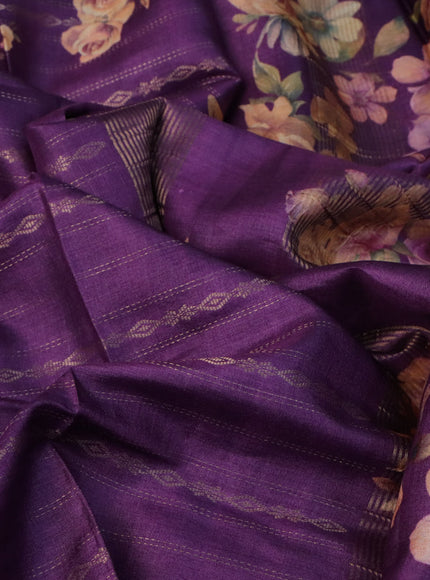 Pure tussar silk saree purple with allover zari weaves and floral digital printed border