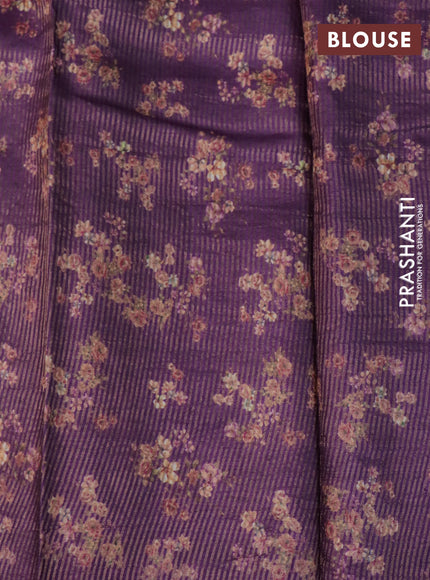 Pure tussar silk saree purple with allover zari weaves and floral digital printed border