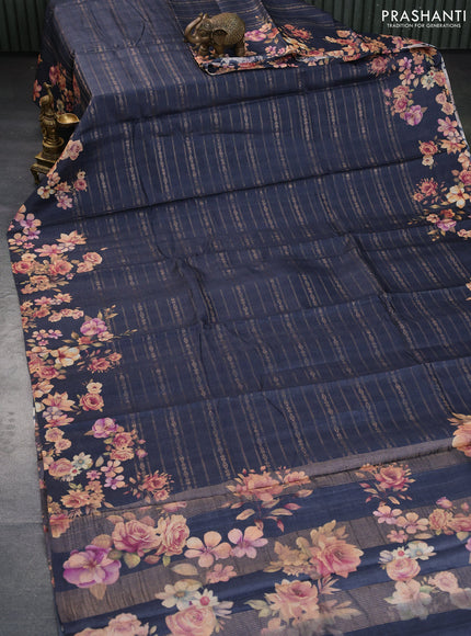 Pure tussar silk saree elephant grey with allover zari weaves and floral digital printed border