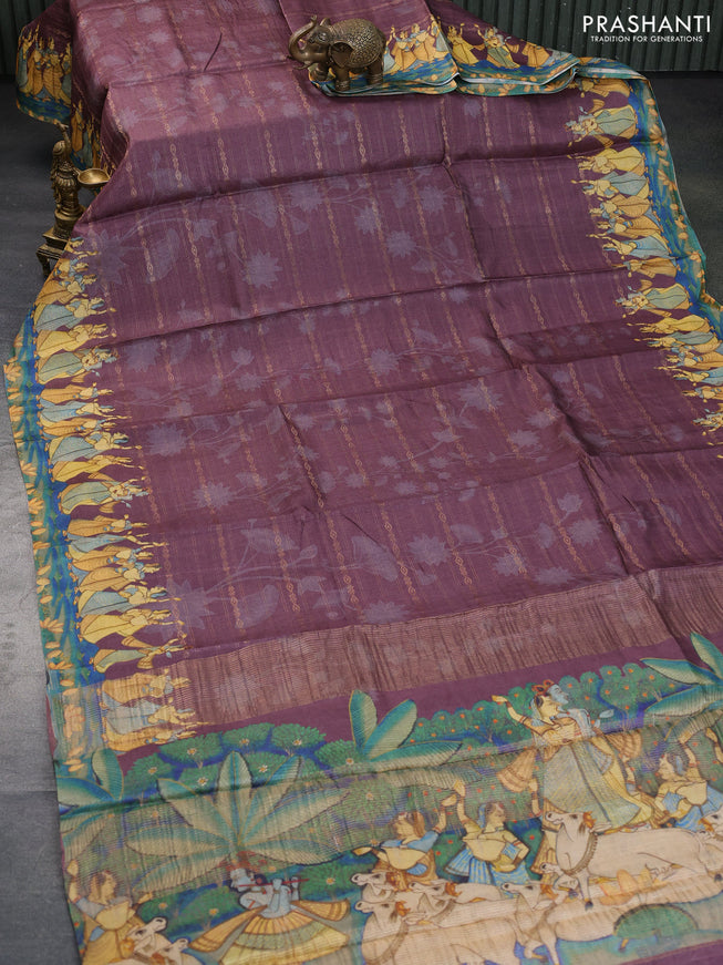 Pure tussar silk saree wine shade with allover zari weaves & floral digital prints and digital printed border