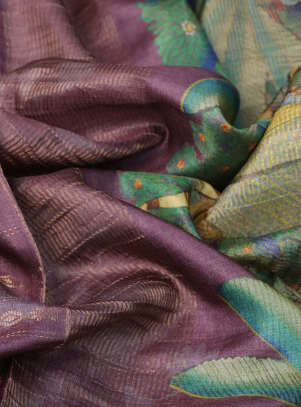 Pure tussar silk saree wine shade with allover zari weaves & floral digital prints and digital printed border