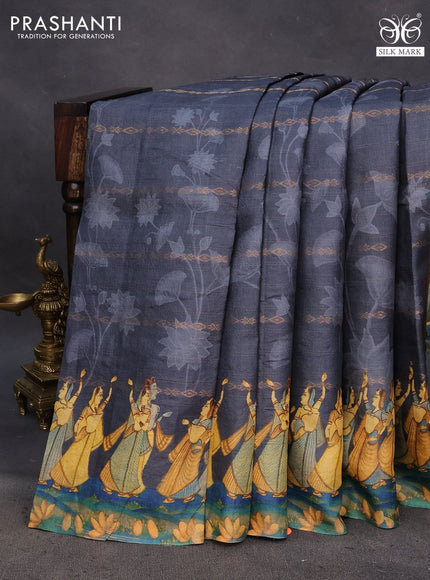 Pure tussar silk saree elephant grey with allover zari weaves & floral digital prints and digital printed border