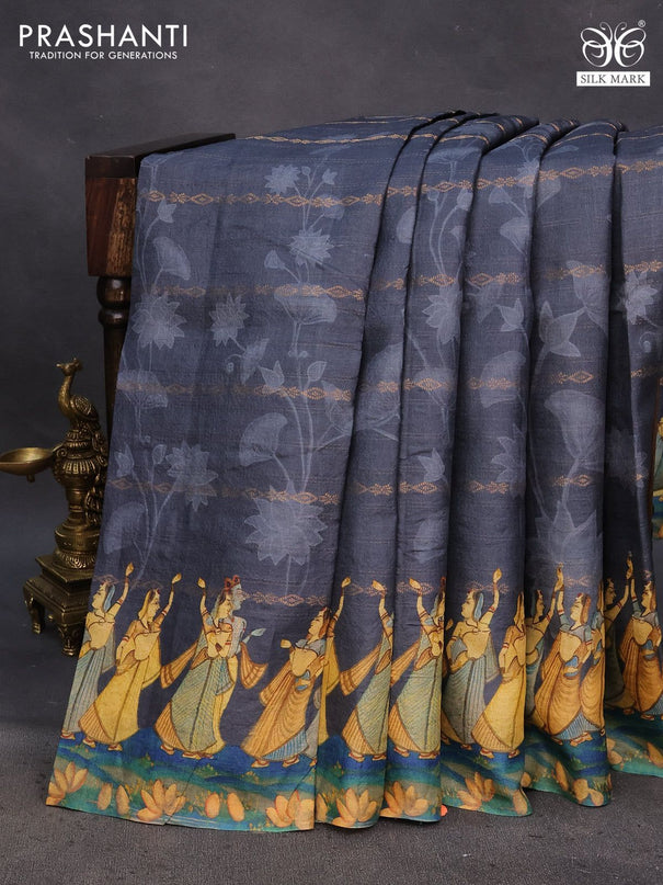 Pure tussar silk saree elephant grey with allover zari weaves & floral digital prints and digital printed border