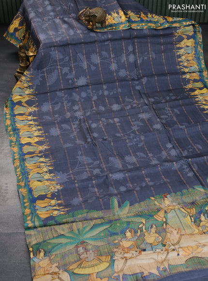 Pure tussar silk saree elephant grey with allover zari weaves & floral digital prints and digital printed border