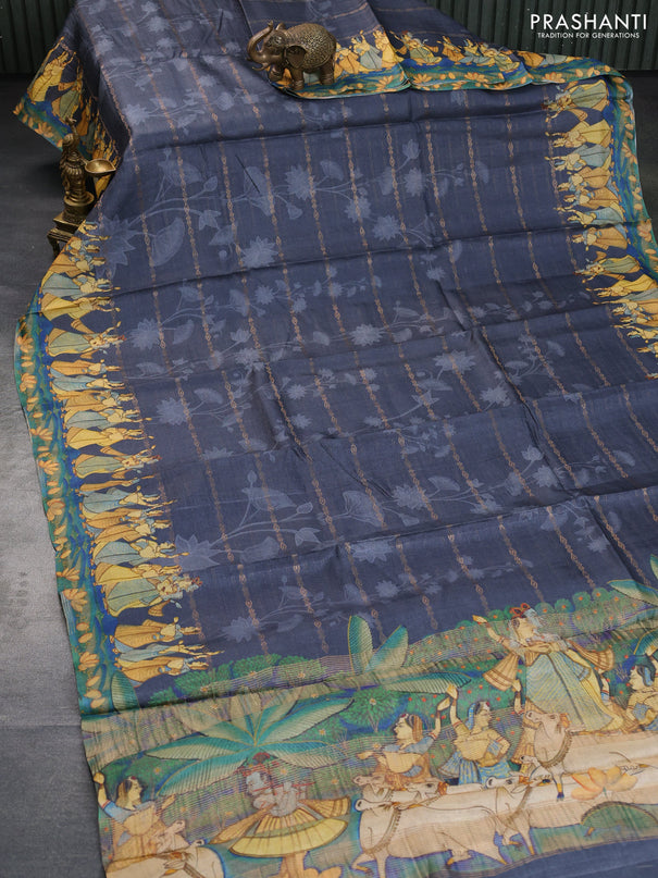 Pure tussar silk saree elephant grey with allover zari weaves & floral digital prints and digital printed border