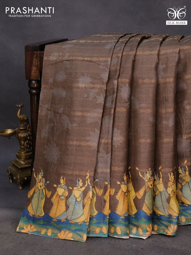 Pure tussar silk saree brown with allover zari weaves & floral digital prints and digital printed border