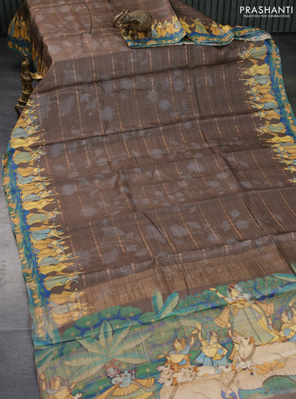 Pure tussar silk saree brown with allover zari weaves & floral digital prints and digital printed border