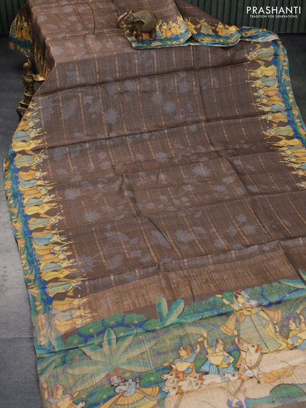 Pure tussar silk saree brown with allover zari weaves & floral digital prints and digital printed border