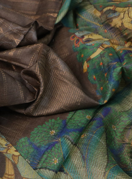 Pure tussar silk saree brown with allover zari weaves & floral digital prints and digital printed border