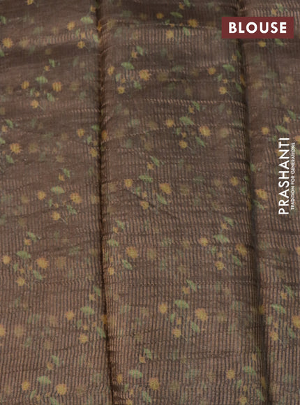 Pure tussar silk saree brown with allover zari weaves & floral digital prints and digital printed border