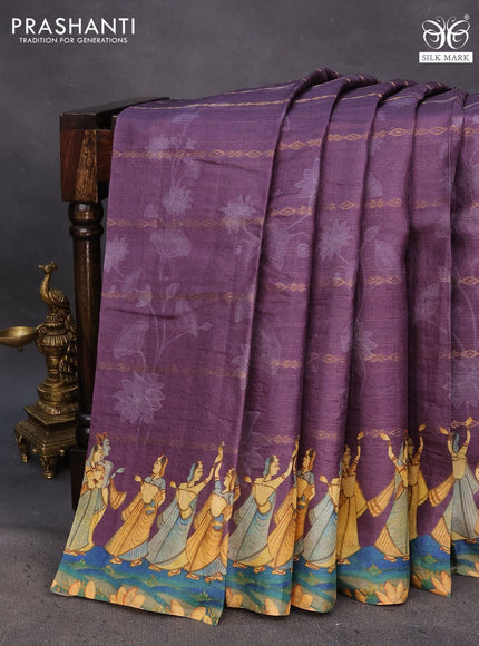 Pure tussar silk saree deep purple with allover zari weaves & floral digital prints and floral digital printed border