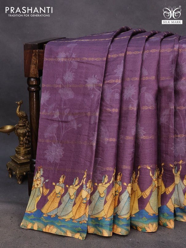 Pure tussar silk saree deep purple with allover zari weaves & floral digital prints and floral digital printed border