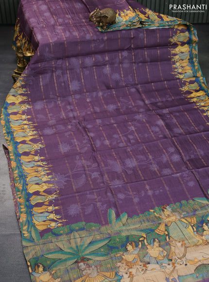 Pure tussar silk saree deep purple with allover zari weaves & floral digital prints and floral digital printed border