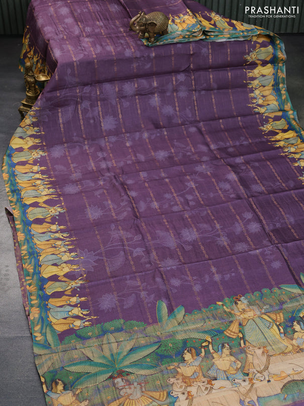 Pure tussar silk saree deep purple with allover zari weaves & floral digital prints and floral digital printed border