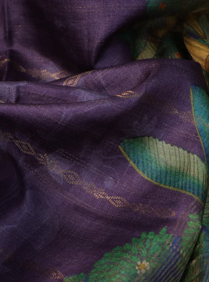 Pure tussar silk saree deep purple with allover zari weaves & floral digital prints and floral digital printed border