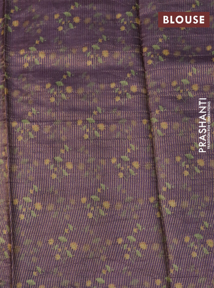 Pure tussar silk saree deep purple with allover zari weaves & floral digital prints and floral digital printed border