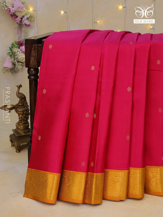 Pure kanchipuram silk saree pink and mustard yellow with zari woven buttas and zari woven korvai border