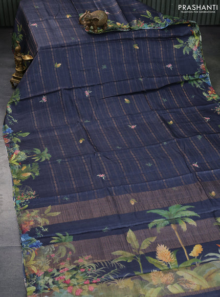 Pure tussar silk saree elephant grey with allover zari weaves & floral digital prints and floral digital printed border