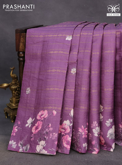 Pure tussar silk saree purple with allover zari weaves & floral digital prints and floral digital printed border