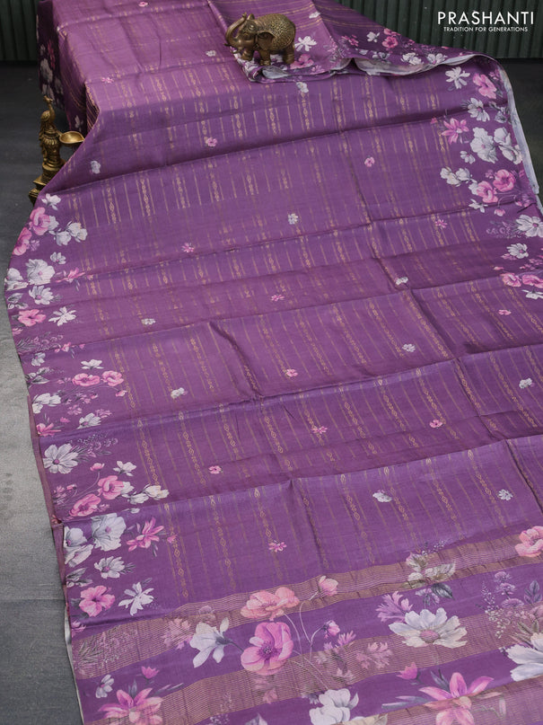 Pure tussar silk saree purple with allover zari weaves & floral digital prints and floral digital printed border