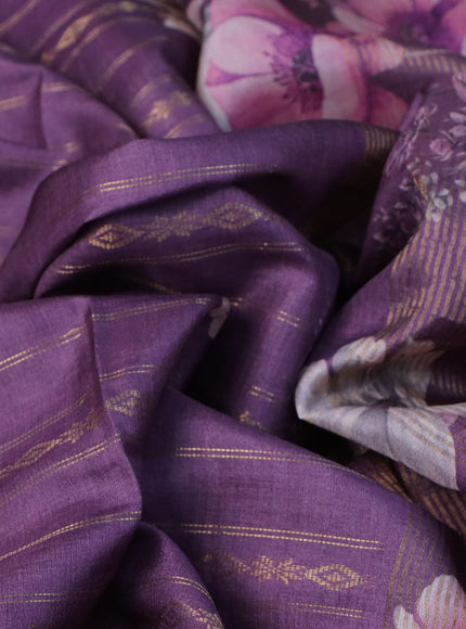 Pure tussar silk saree purple with allover zari weaves & floral digital prints and floral digital printed border