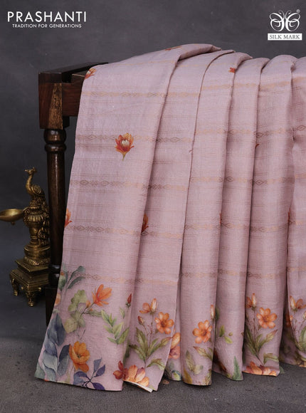 Pure tussar silk saree pastel pink with allover zari weaves & floral digital prints and floral digital printed border