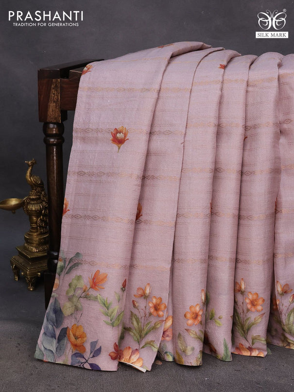 Pure tussar silk saree pastel pink with allover zari weaves & floral digital prints and floral digital printed border