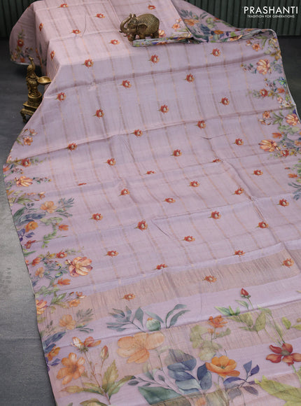 Pure tussar silk saree pastel pink with allover zari weaves & floral digital prints and floral digital printed border