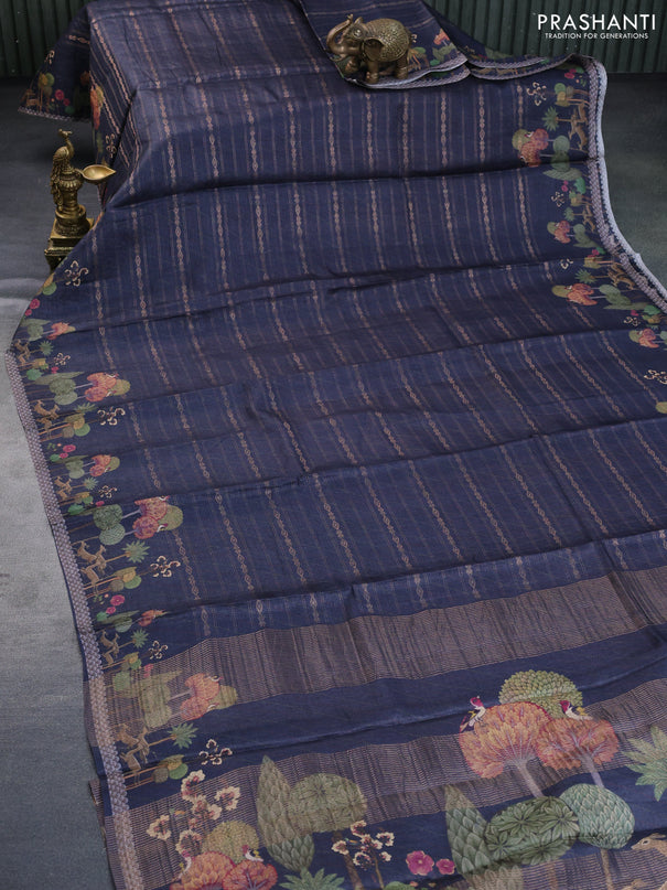 Pure tussar silk saree elephant grey with allover zari weaves and digital printed border