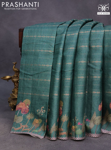 Pure tussar silk saree green with allover zari weaves and digital printed border