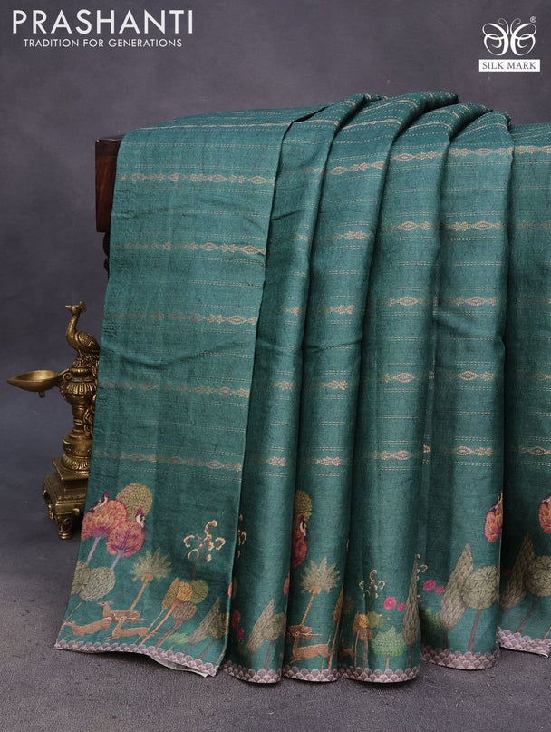 Pure tussar silk saree green with allover zari weaves and digital printed border