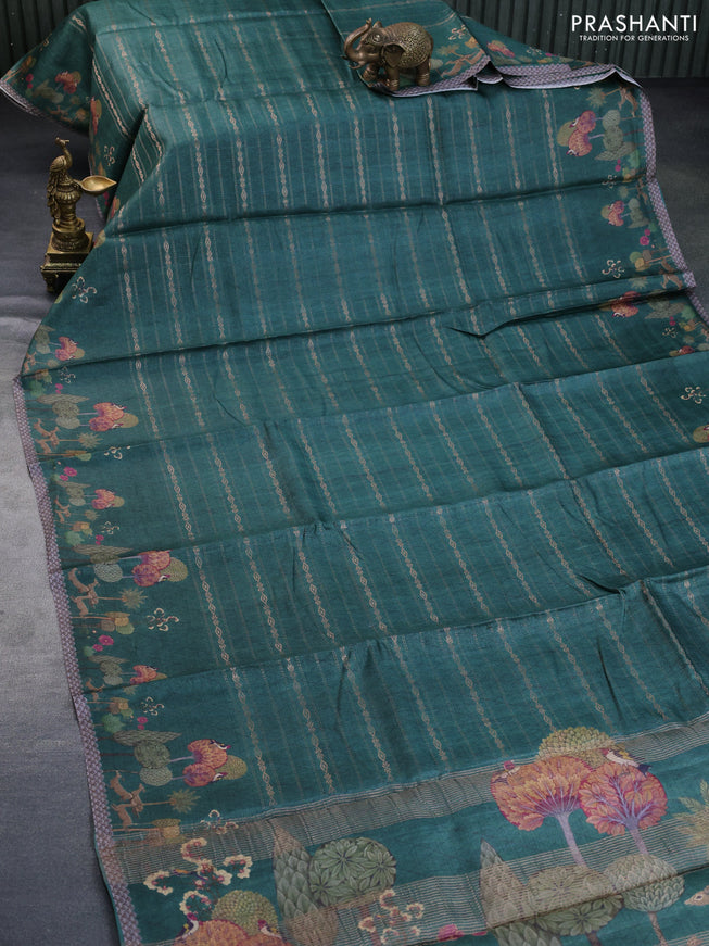 Pure tussar silk saree green with allover zari weaves and digital printed border