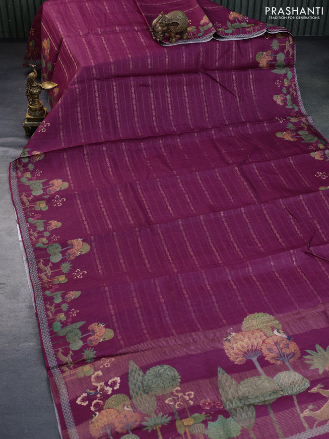 Pure tussar silk saree dark magenta pink with allover zari weaves and digital printed border