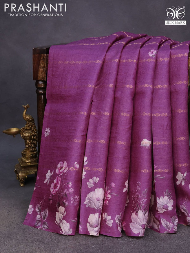 Pure tussar silk saree purple shade with allover zari weaves & floral digital butta prints and floral digital printed border