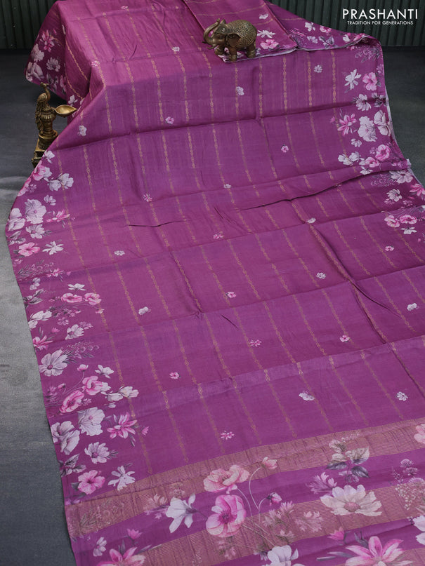 Pure tussar silk saree purple shade with allover zari weaves & floral digital butta prints and floral digital printed border