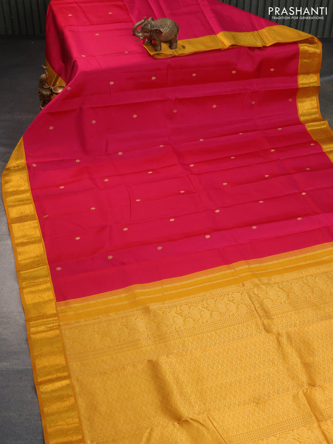 Pure kanchipuram silk saree pink and mustard yellow with zari woven buttas and zari woven korvai border