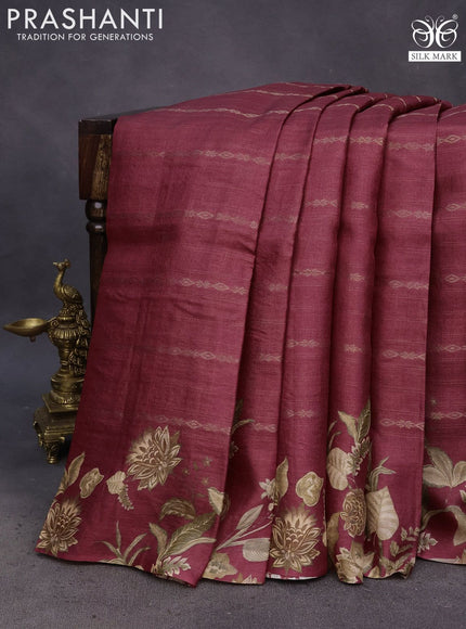 Pure tussar silk saree maroon with allover zari weaves and digital printed border