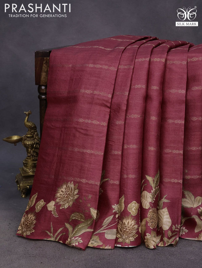 Pure tussar silk saree maroon with allover zari weaves and digital printed border